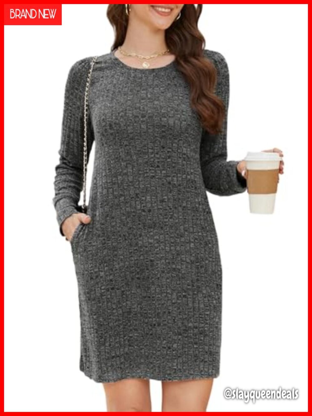 Knit Sweater Dress A-Line Mini Crewneck Long Sleeve Fit Flare with Pockets